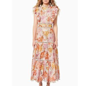 Women Bohemian Elegant Midi Dress Size M Floral Embroidered Lace Orange White